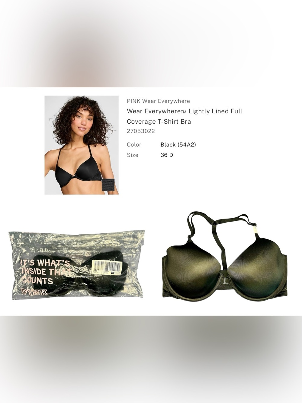 PINK Victoria's Secret Lightly Lined Front-Close Bra - Black - 36D